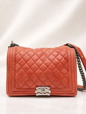 Authentic Chanel Boy Bag Coral Quilted Leather Shoulder Luxury Designer Bag